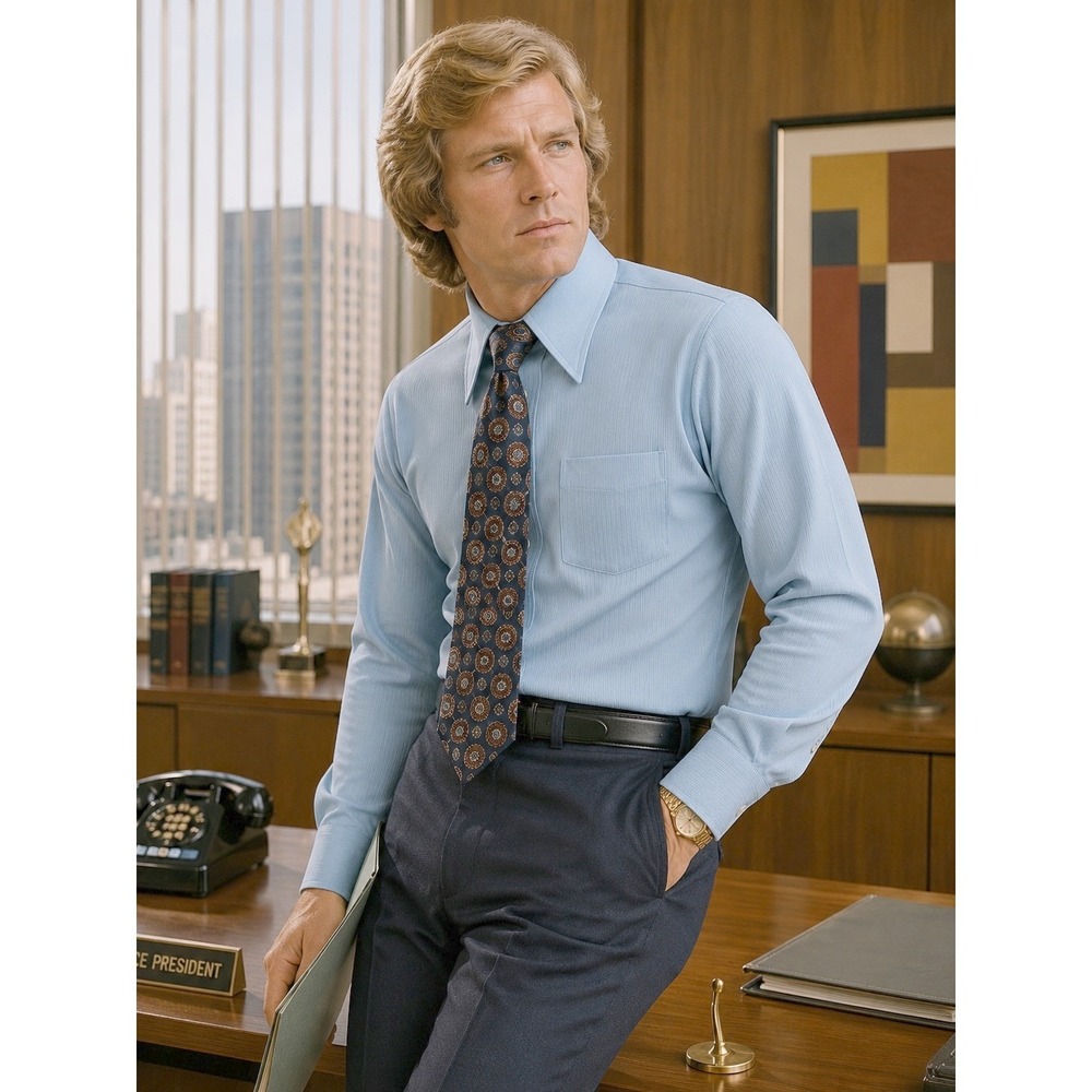 Mens Vtg Royal Knight‎ 70s Tailored Knit Shirt XL Light Blue Dagger Collar Disco